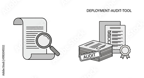 Deployment audit tool concept line art icon set with deployment document magnifying checklist certificate compliance inspection verification analysis business validation paperwork official