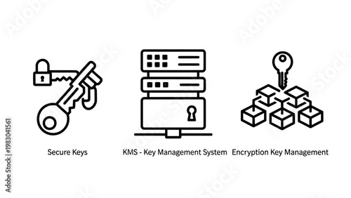 Data security and key management system outline icons with security encryption management protection database cybersecurity cryptography information technology infrastructure authentication