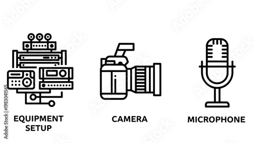 Media production equipment camera and microphone icons with equipment microphone production recording broadcast television filmmaking hardware engineering multimedia cinematography creative