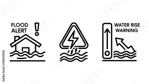 Natural disaster and environmental alert icons with disaster emergency protection environment catastrophe forecast prevention monitoring precipitation overflow geographic environmental