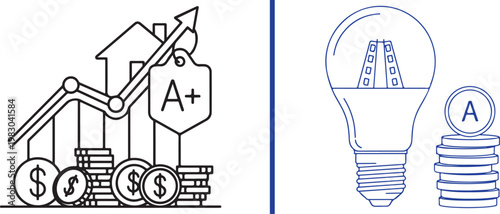 Energy efficiency and real estate investment vector illustration featuring house growth graph and light bulb savings icons