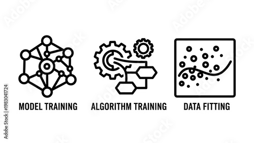 Data science machine learning model training and algorithm fitting icons with learning training algorithm artificial intelligence processing calculation analysis information computing