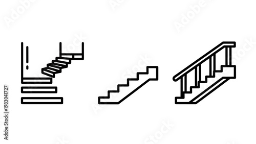 Set of staircase icons including floating stairs and railing steps illustration with staircase architecture stairway building interior climbing construction direction banister structure