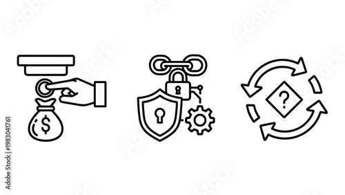 Financial investment security and uncertain recovery outline icon set with investment security protection uncertainty business management currency question strategy planning analysis