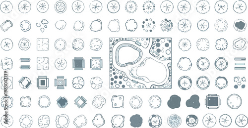 Landscape design symbols in top view, architectural tree plan icons for site mapping, garden planning vector set for urban projects