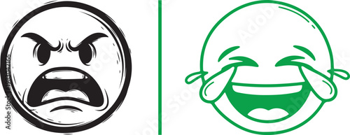 Angry shouting face and laughing with tears of joy emoji vector illustration for emotional contrast