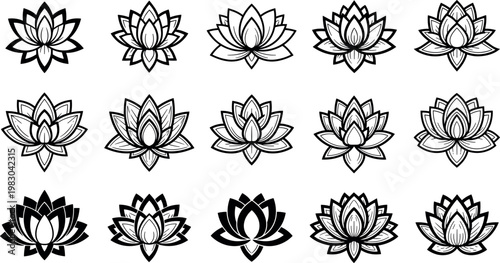 Collection of Minimalist Black and White Lotus Flower Symbols with Elegant Line Art and Silhouette Designs for Yoga Studios Wellness Branding Spa Graphics and Spiritual Meditation Projects