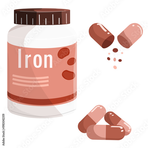 Supplement set featuring a white plastic bottle of iron with a brown cap, accompanied by whole and open capsules showing contents. Ideal for healthcare, nutrition, and anemia treatment themes.
