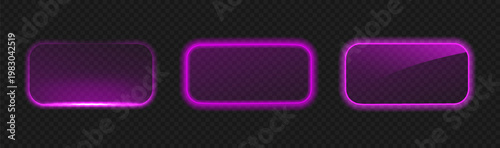 Neon pink button collection. Glowing rectangle frame. 3D light LED box. Glowing vector banner futuristic UI