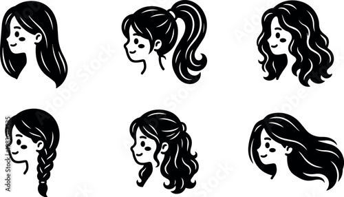 Six female hairstyles side profiles with ponytail braid and waves