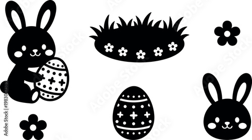 Black and white easter bunny holding decorated egg with floral garland and blossoms vector art