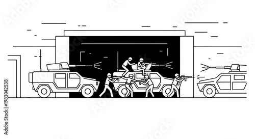 Military Operation: Soldiers in Armored Vehicles in Combat Scenario