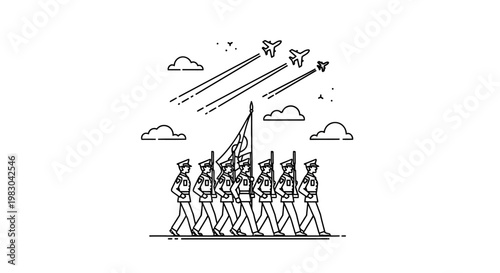 Military Parade with Fighter Jets Flyover - Line Art Illustration
