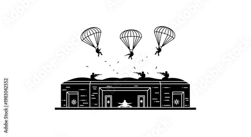 Military Paratroopers Descend on Fortress, Airborne Assault, Strategic Invasion