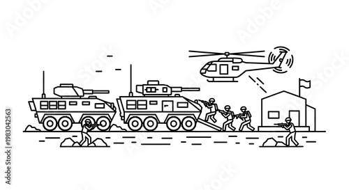 Military Operation: Soldiers, Tanks, Helicopter, and Base - Line Art Illustration