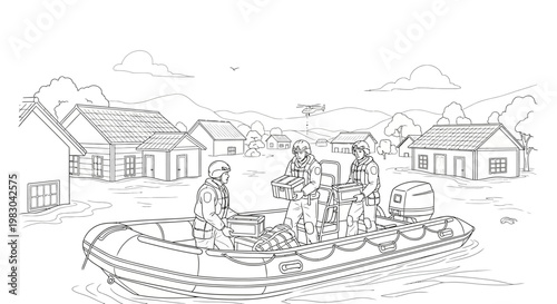 Military Rescue Team in Inflatable Boat Navigating Flooded Village