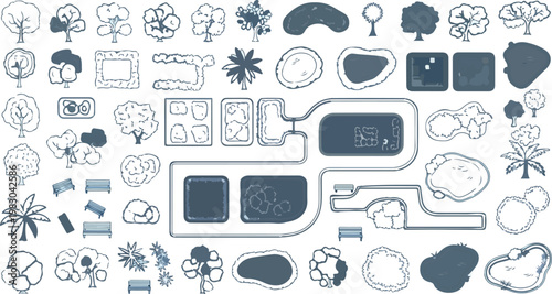Minimalist landscape design elements, hand drawn garden plan icons, collection of trees and park furniture vector set, architectural site map symbols