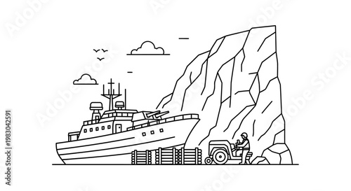 Military Ship Docked Near Rocky Cliff with Soldier and Vehicle