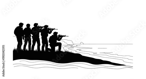 Military Special Forces Team Advancing on Shoreline with Rifles, Silhouette Action