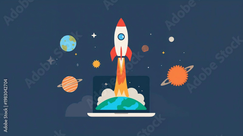 A  flat illustration of a white rocket launching upward from an open laptop, leaving a fiery trail.  Surrounding the scene are floating planets, stars, and cosmic elements 