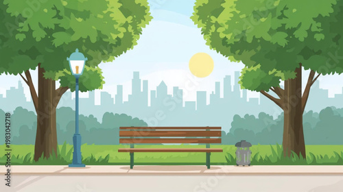 vector illustration of empty bench in the park and city skyline in the background