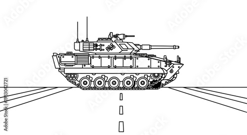Modern Tank on Highway, Military Vehicle, Combat, Armor, Artillery, Warfare, Army