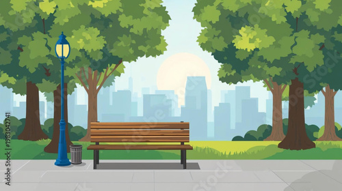 vector illustration of empty bench in the park and city skyline in the background