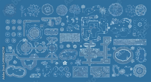 Blueprint landscape architecture symbols, architectural site plan elements for garden design, technical drawing icons for urban planning