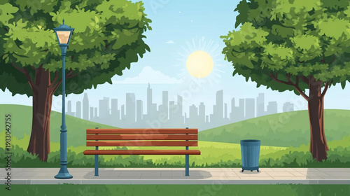 vector illustration of empty bench in the park and city skyline in the background