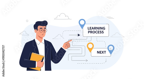 Man pointing to learning process and next steps flowchart, business education concept