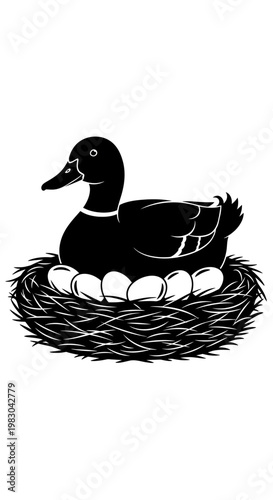 Black silhouette of a duck sitting on a nest of eggs.