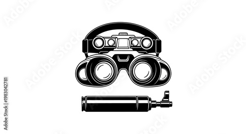 Night Vision Goggles and Suppressor Icon: Tactical Gear, Military Equipment, Surveillance