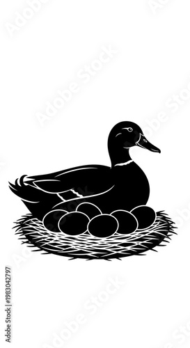 Black silhouette of a duck sitting on a nest of eggs.