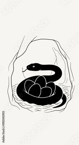 Black snake coiled around a clutch of eggs in a nest.