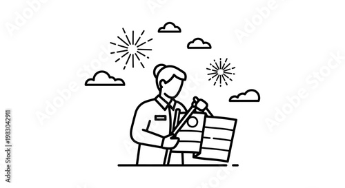 Person Lighting Fireworks with Clouds and Starbursts in Sky