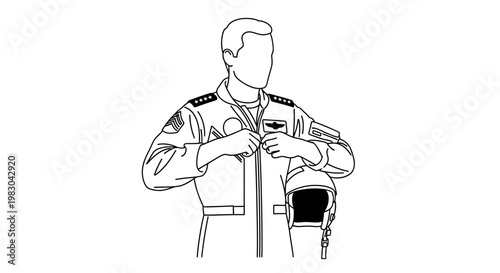 Pilot in uniform zipping up flight suit, holding helmet, ready for takeoff