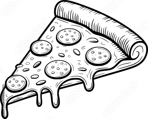 Black and white line slice of pepperoni pizza with dripping cheese white background