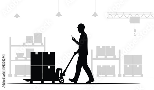 A warehouse worker pushes a loaded pallet jack while looking at a mobile device showcasing modern logistics and operations silhouette high quality professional detailed