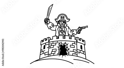 Pirate Captain with Sword and Pistol Defending Fortress Tower