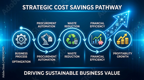 Strategic corporate cost saving infographic pathway visualizing business process optimization procurement automation waste reduction financial efficiency and long term profitability growth.