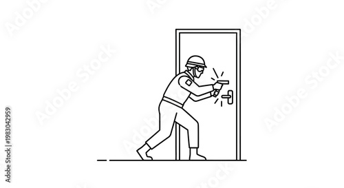 Police officer with gun raiding a door, tactical entry, law enforcement action