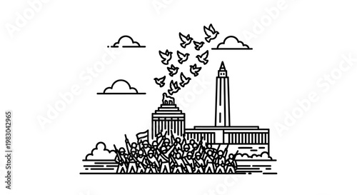 Protestors Marching Towards Government Building with Doves of Peace Flying Above