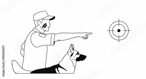 Police officer training German Shepherd dog for target identification and pointing