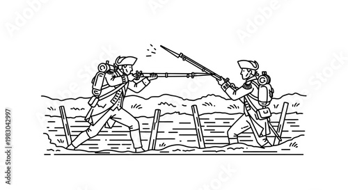 Revolutionary War Soldiers Fighting in Water with Bayonets and Muskets