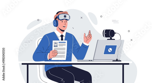 Man in VR headset, headphones, holding resume, video call on laptop, remote work concept