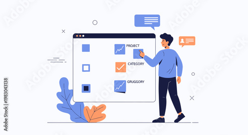Man interacting with a digital interface, selecting category on a project management board