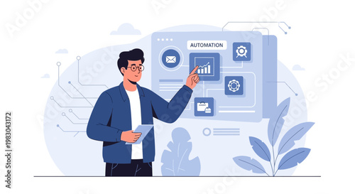 Man interacting with automation interface, business process optimization concept