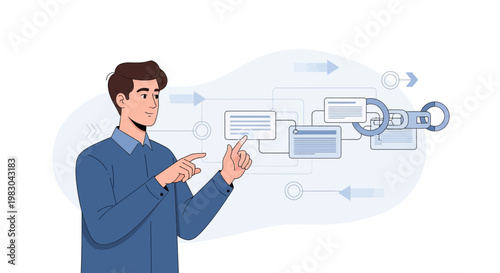 Man interacting with blockchain technology interface, digital network concept