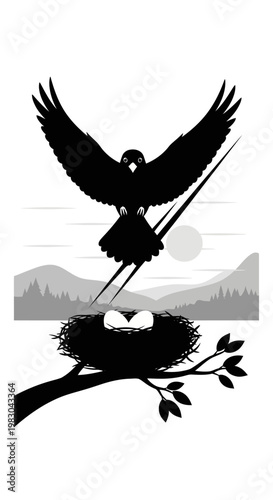 Silhouette of a bird of prey landing on a nest.