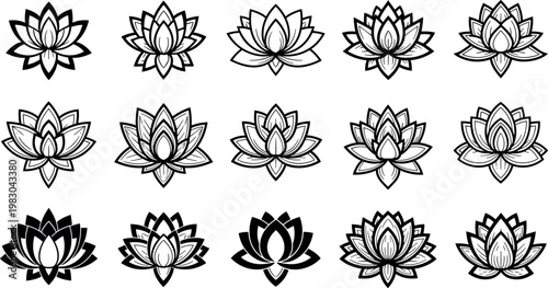 Set of Black and White Lotus Flower Icons with Elegant Line Art and Silhouette Designs for Wellness Centers Yoga Studios Spa Branding Spiritual Graphics and Ornamental Pattern Design